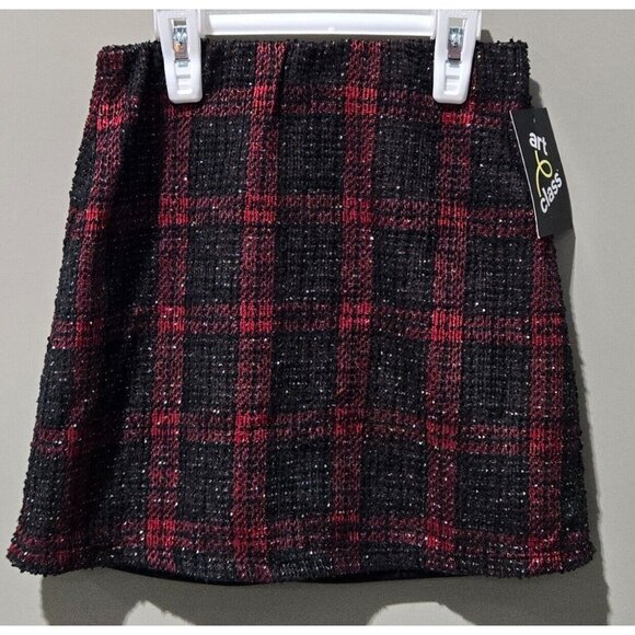 Art Class Girls' Red & Black Plaid Textured & Lined Elastic Waist Skirt - Picture 1 of 6